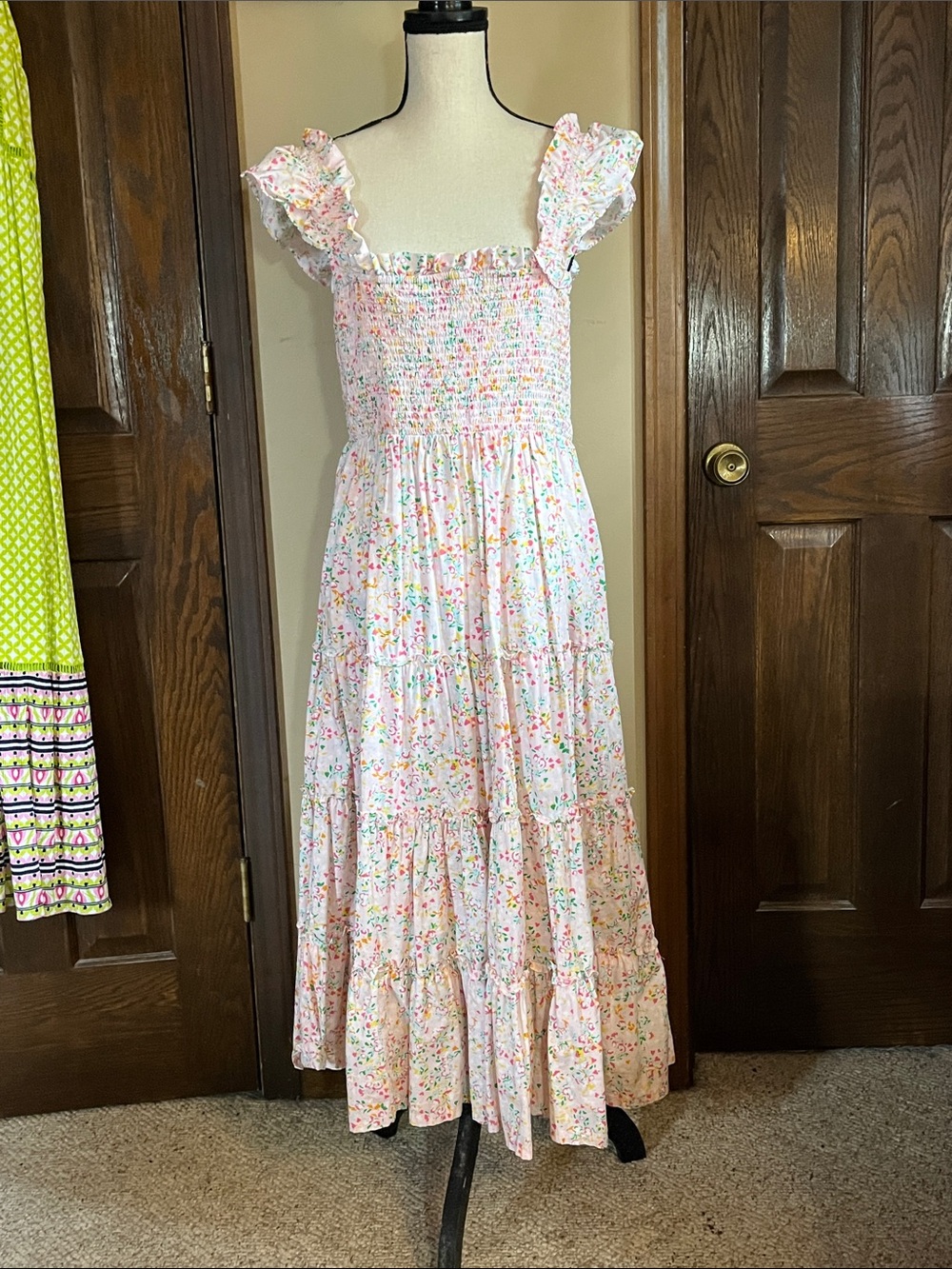 crown & ivy Pastel Pink Floral Smocked Ruffle-Strap Tiered Midi Dress